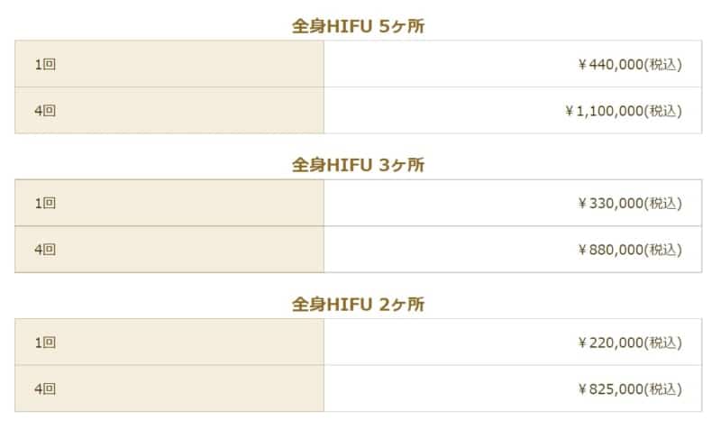 新宿＿医療ハイフ＿アルファクリニック料金表2